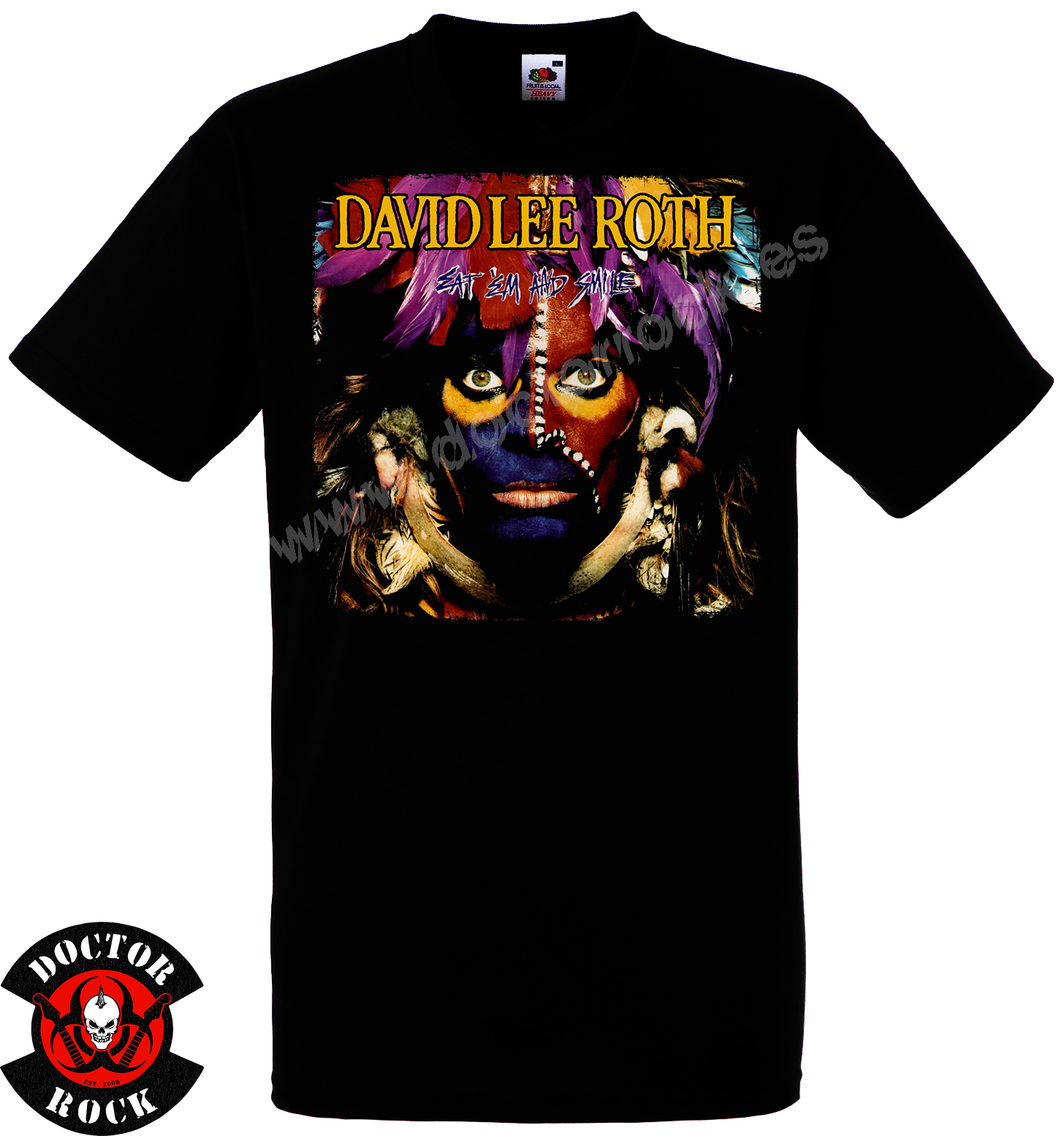 Camiseta negra David Lee Roth Eat ’Em and Smile con rostro pintado multicolor