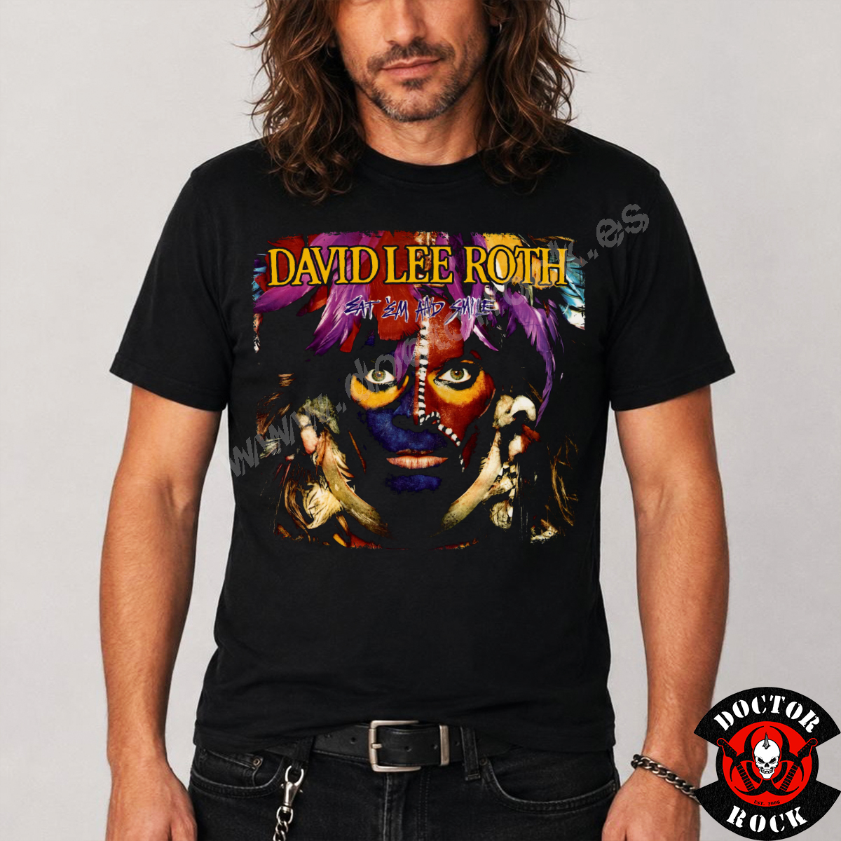 Camiseta negra David Lee Roth Eat ’Em and Smile con rostro pintado multicolor