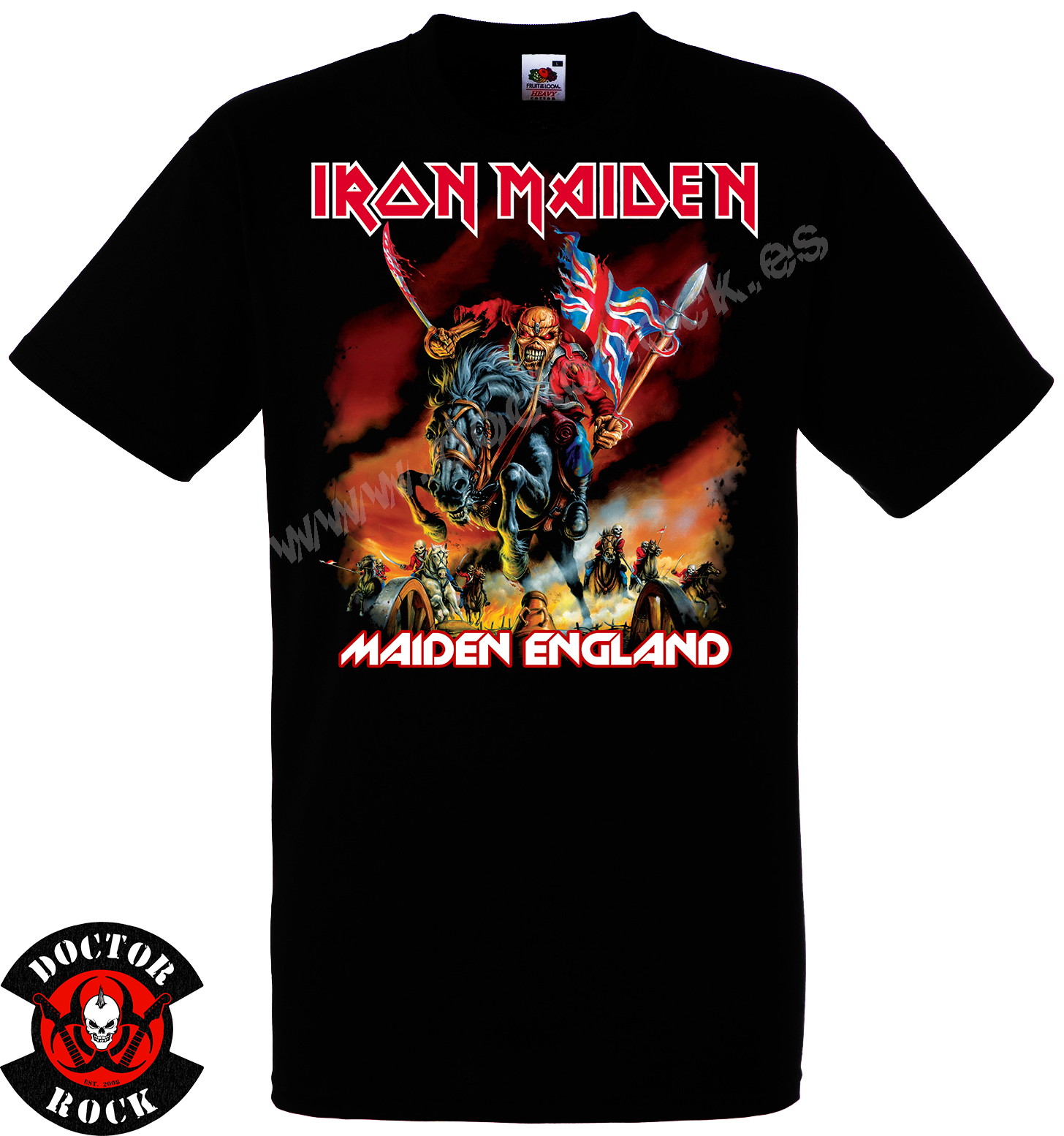 Camiseta negra Iron Maiden Maiden England con Eddie a caballo, sable y bandera británica