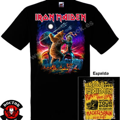 Camiseta negra Iron Maiden Madrid 2025 con Eddie delante y cartel Run For Your Lives World Tour en la espalda