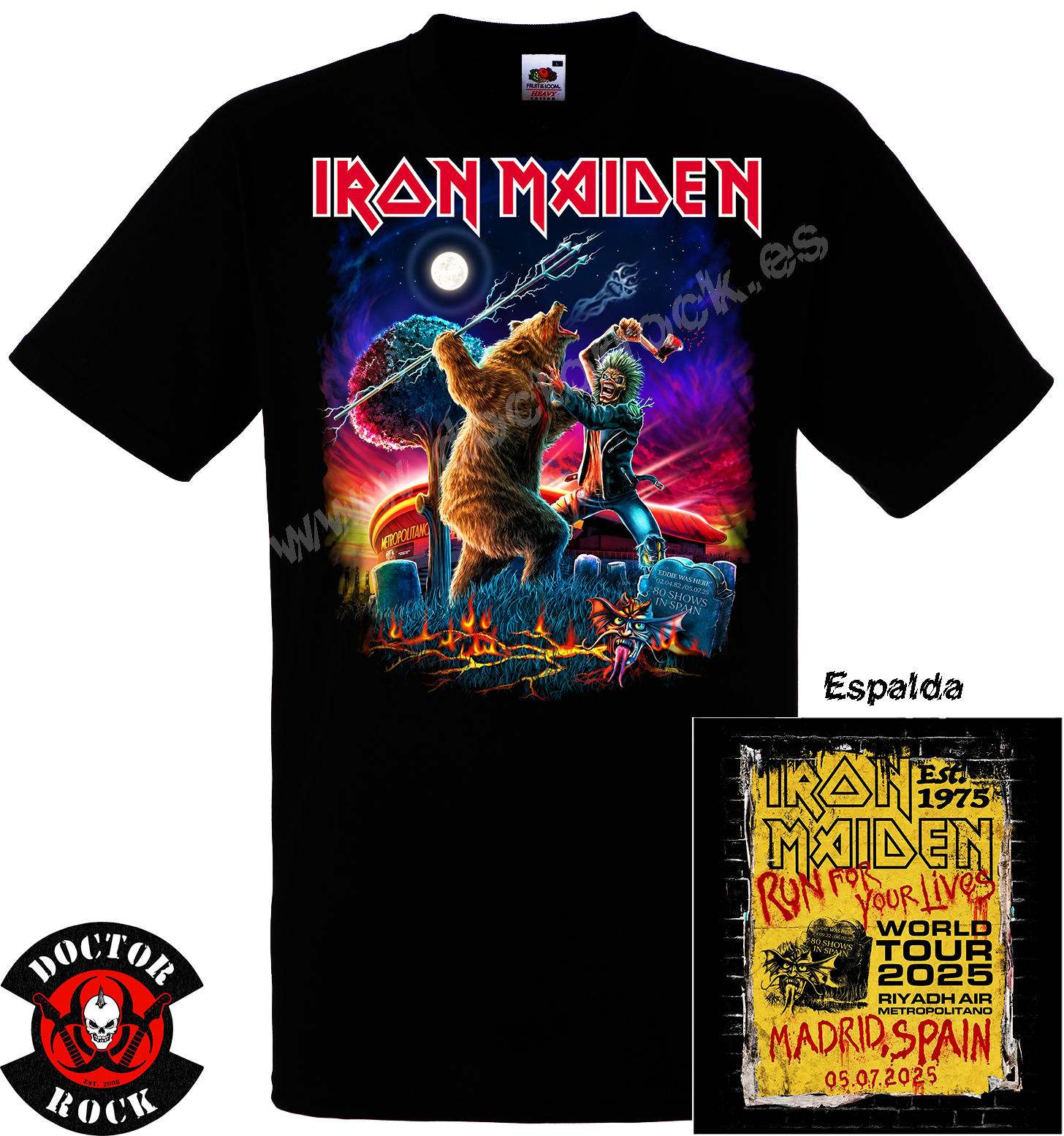 Camiseta negra Iron Maiden Madrid 2025 con Eddie delante y cartel Run For Your Lives World Tour en la espalda