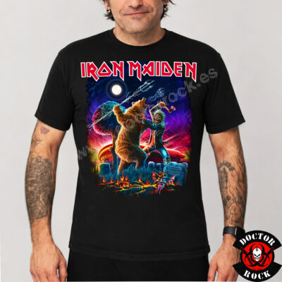 Camiseta negra Iron Maiden Madrid 2025 con Eddie delante y cartel Run For Your Lives World Tour en la espalda