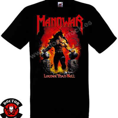 Camiseta negra Manowar Louder Than Hell con guerrero rompiendo cadenas entre llamas