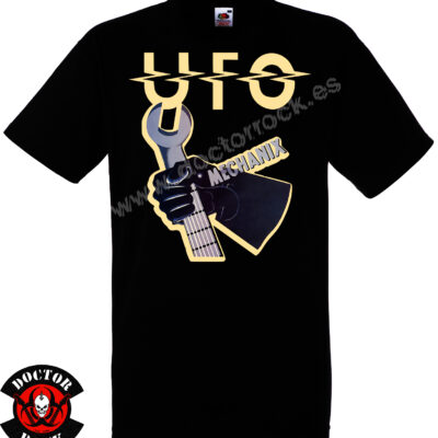 Camiseta negra UFO Mechanix con logotipo y llave inglesa convertida en guitarra