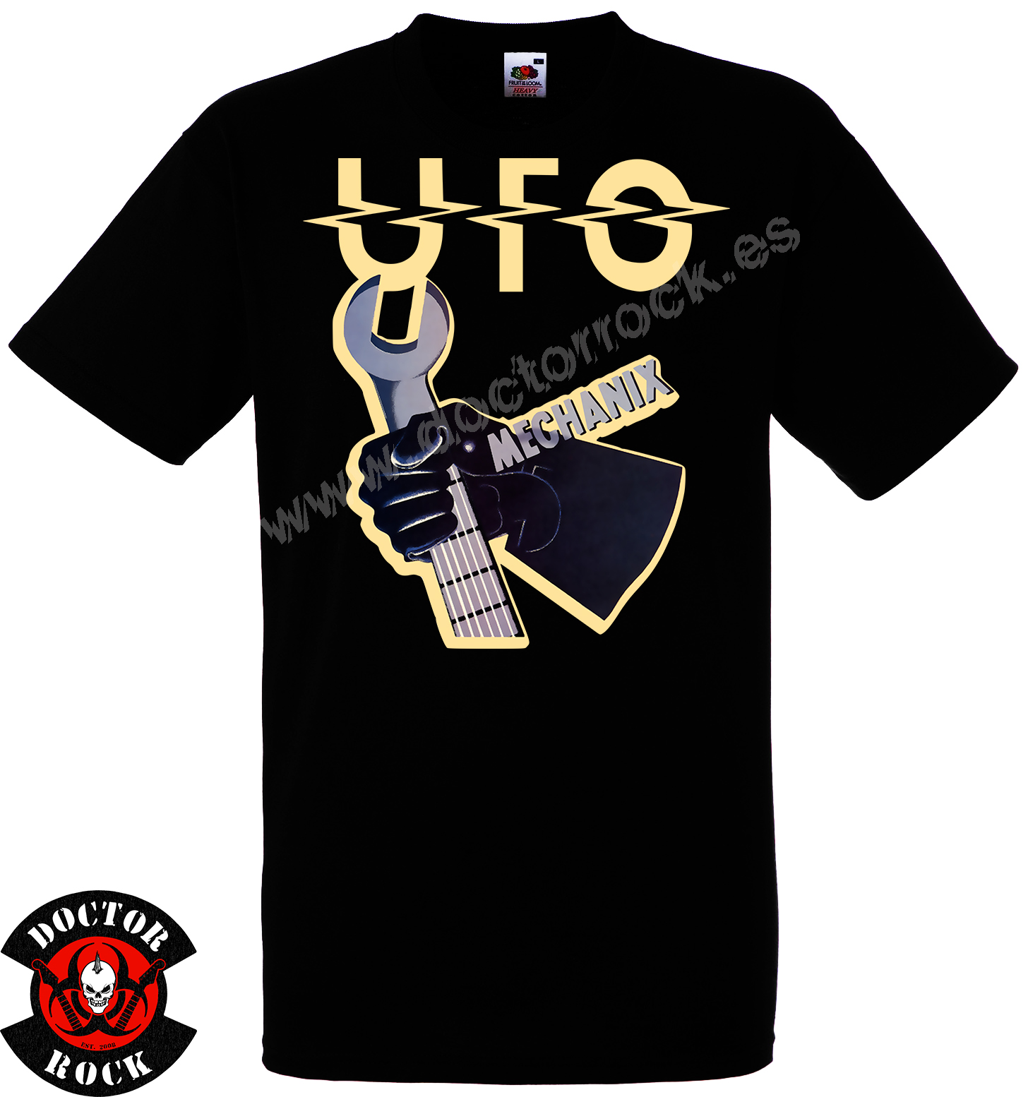 Camiseta negra UFO Mechanix con logotipo y llave inglesa convertida en guitarra