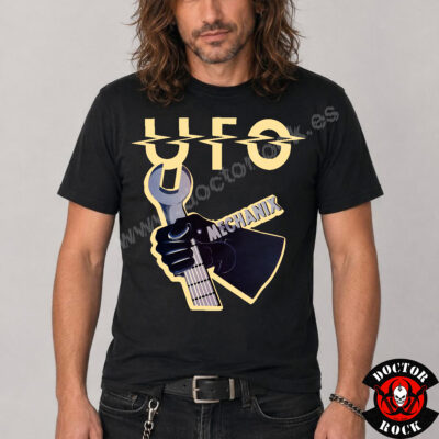 Camiseta negra UFO Mechanix con logotipo y llave inglesa convertida en guitarra