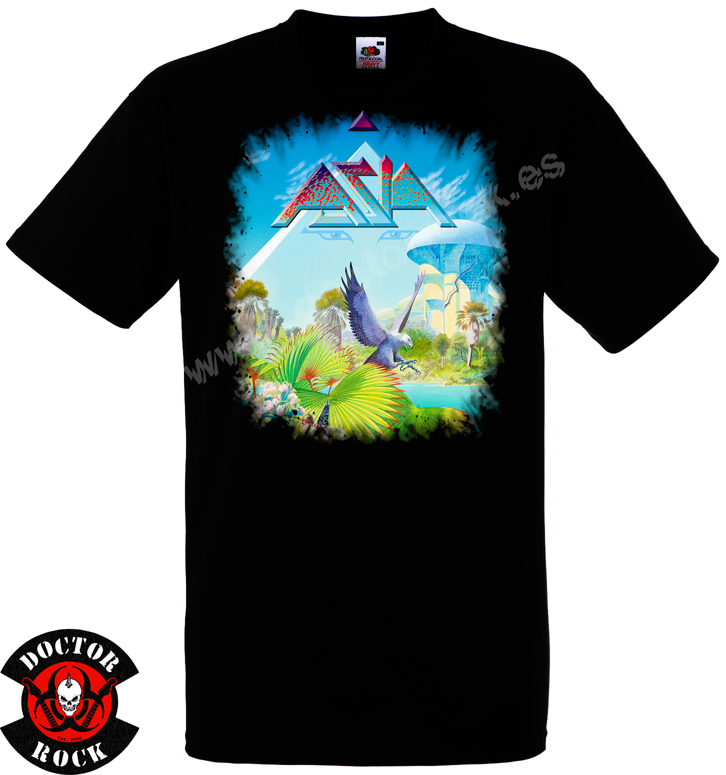 Camiseta negra Asia Alpha de 100% algodón con paisaje tropical futurista