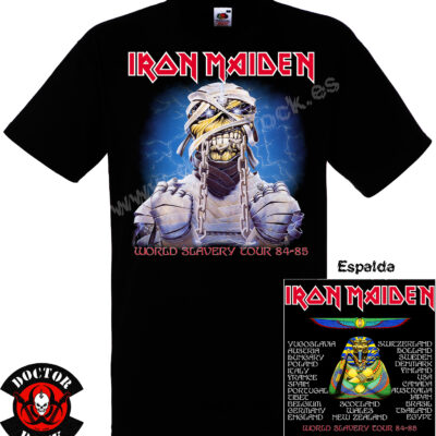Camiseta Iron Maiden World Slavery Tour 84 85 negra con doble impresión