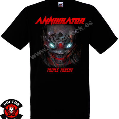 Camiseta negra Annihilator Triple Threat de 100% algodón con diseño de calavera robótica