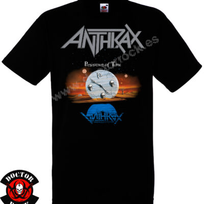 Camiseta negra Anthrax Persistence of Time de 100% algodón con reloj y calaveras
