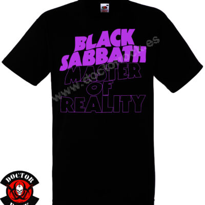 Camiseta negra Black Sabbath Master of Reality de 100% algodón con letras violetas