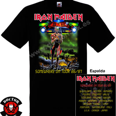 Camiseta negra Iron Maiden Somewhere on Tour 86 87 con impresión delantera y trasera