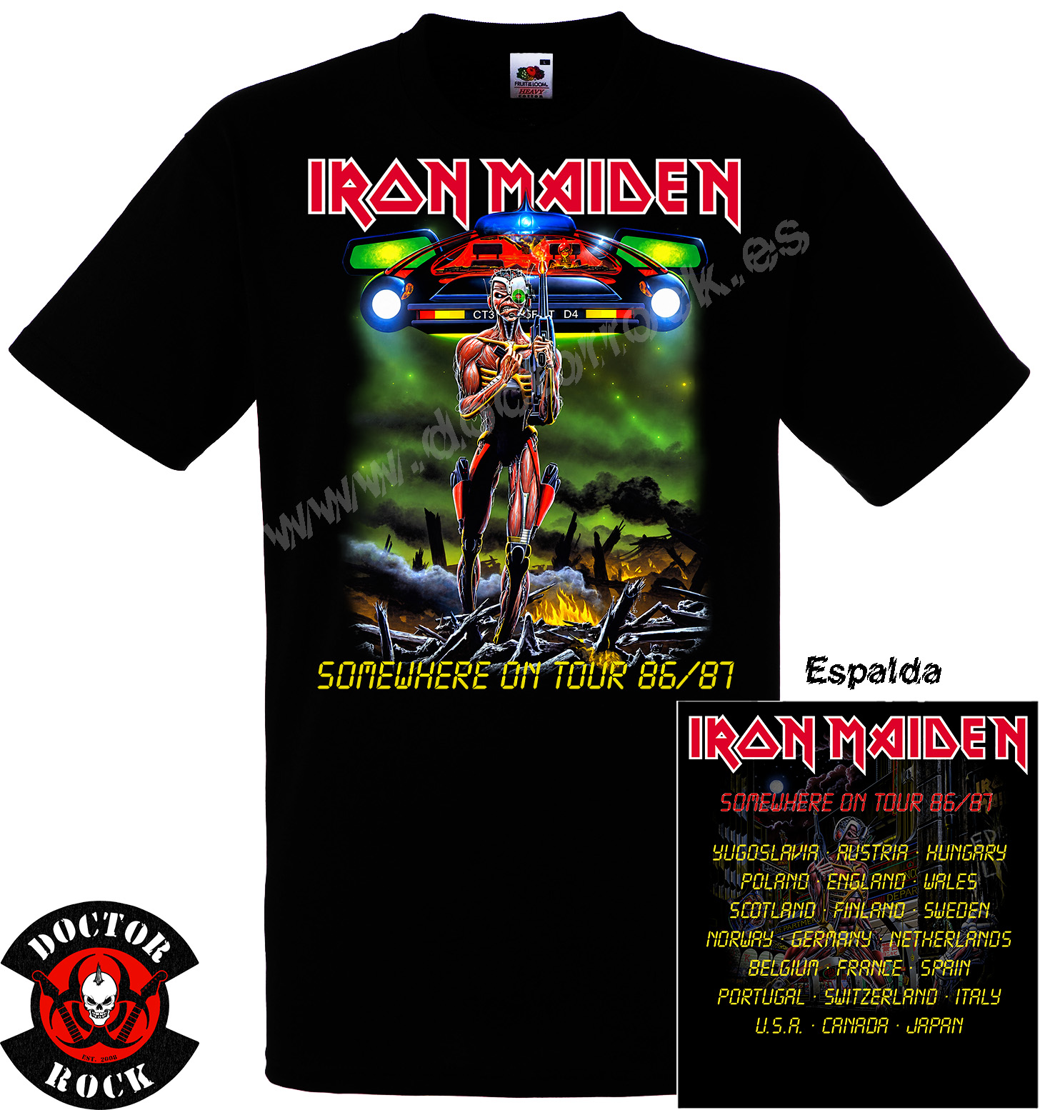 Camiseta negra Iron Maiden Somewhere on Tour 86 87 con impresión delantera y trasera