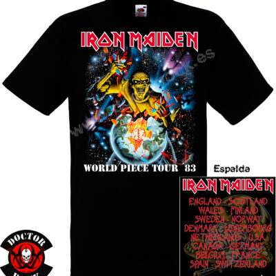 Camiseta Iron Maiden World Piece Tour 83 negra con impresión delantera y trasera