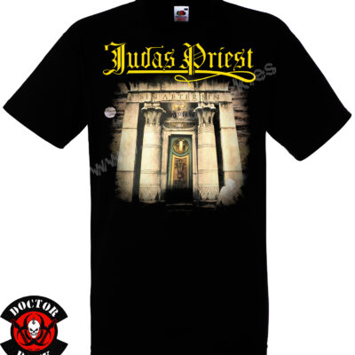 Camiseta negra Judas Priest Sin After Sin con portada del álbum de 1977