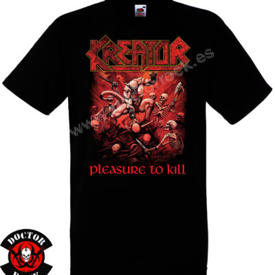 Camiseta negra Kreator Pleasure to Kill de 100% algodón con estampación frontal roja