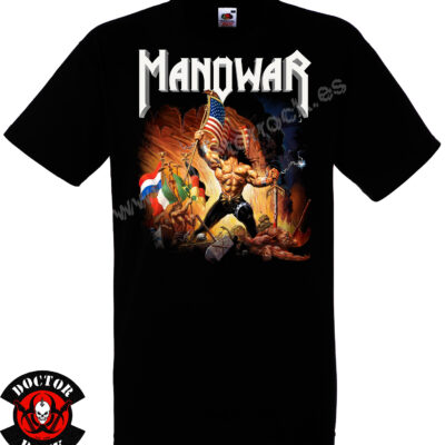 Camiseta negra Manowar Warriors of the World de 100% algodón