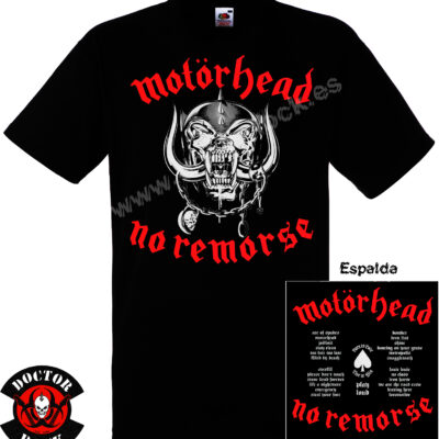 Camiseta negra Motörhead No Remorse de 100% algodón con Snaggletooth y estampación frontal y Espalda de camiseta Motörhead No Remorse con repertorio de canciones y diseño en rojo y blanco