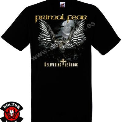 Camiseta negra Primal Fear Delivering the Black de 100% algodón con figura alada metálica