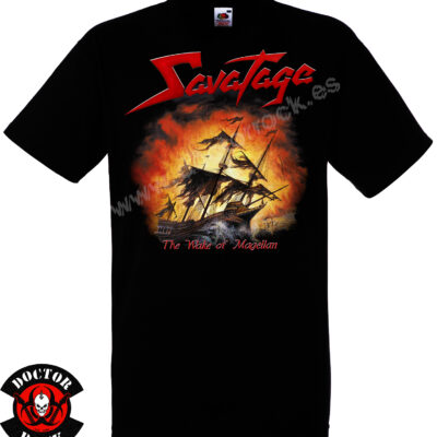 Camiseta negra Savatage The Wake of Magellan de 100% algodón con barco entre fuego y olas