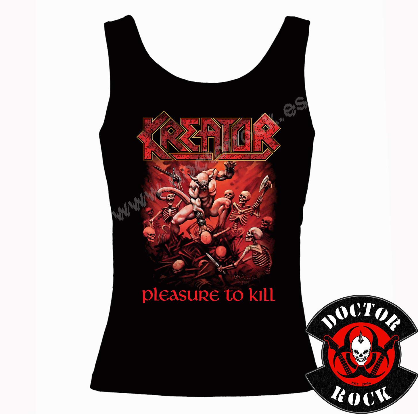 Camiseta de tirantes negra Kreator Pleasure to Kill para mujer con estampación frontal roja