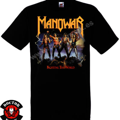 Camiseta negra Manowar Fighting the World de 100% algodón con estampación frontal
