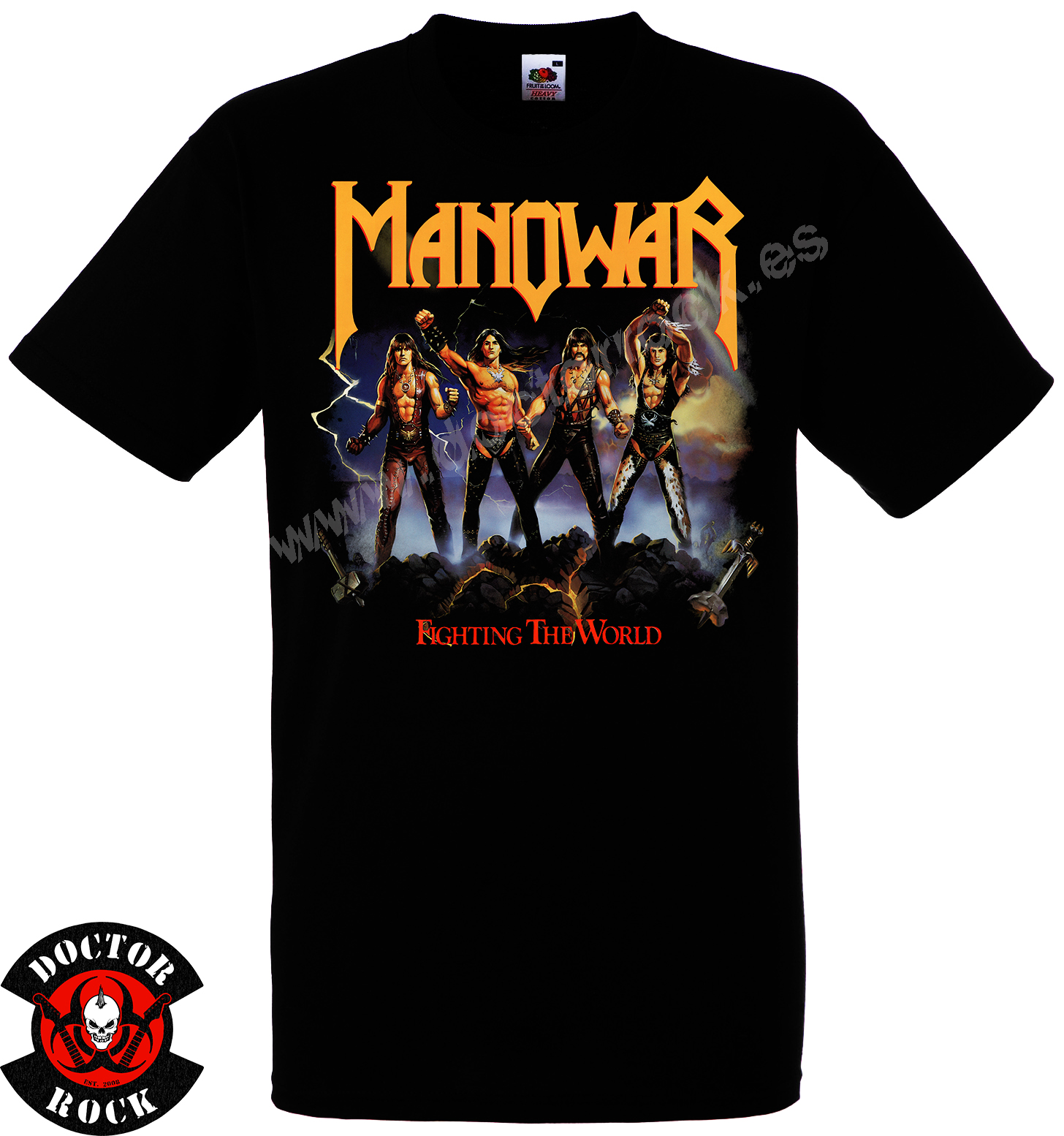 Camiseta negra Manowar Fighting the World de 100% algodón con estampación frontal