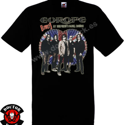 Camiseta negra Europe Live at Shepherd’s Bush London con fotografía de la banda y diseño británico