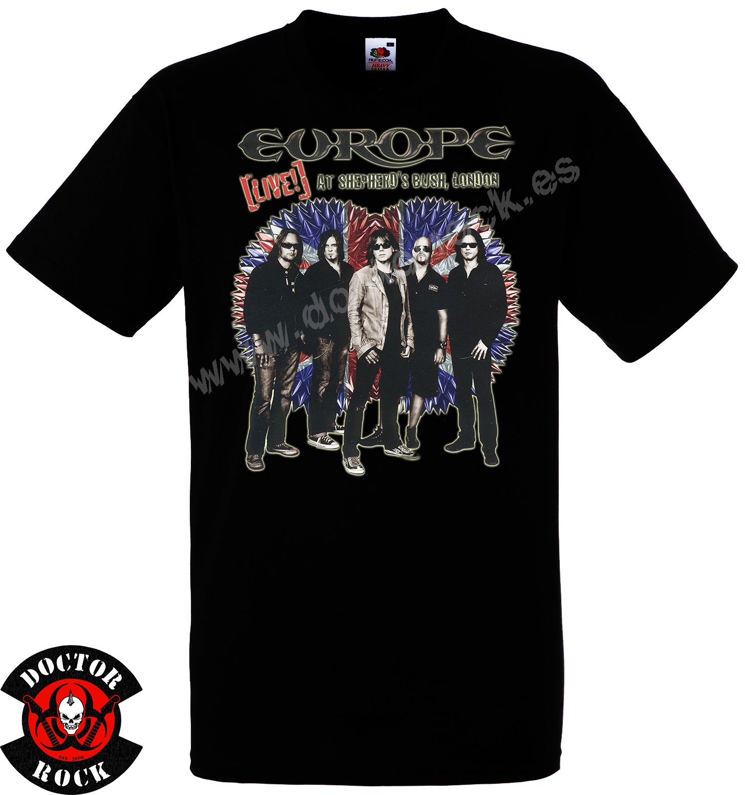 Camiseta negra Europe Live at Shepherd’s Bush London con fotografía de la banda y diseño británico