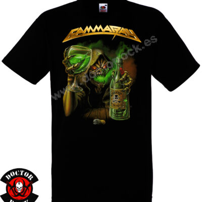 Camiseta negra Gamma Ray Cheers to the Metal con criatura esquelética brindando y logotipo dorado