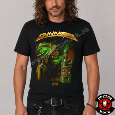 Camiseta negra Gamma Ray Cheers to the Metal con criatura esquelética brindando y logotipo dorado