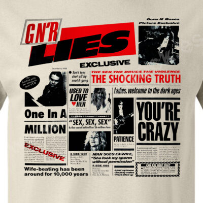 Camiseta Guns N’ Roses G N’ R Lies de color natural con diseño de periódico en negro y rojo