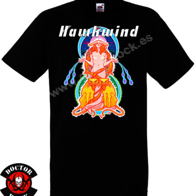 Camiseta negra Hawkwind Space Ritual con ilustración psicodélica multicolor y diseño espacial