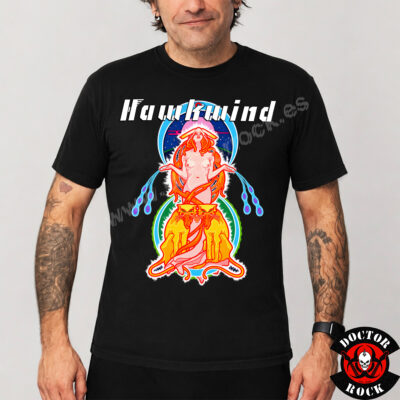 Camiseta negra Hawkwind Space Ritual con ilustración psicodélica multicolor y diseño espacial