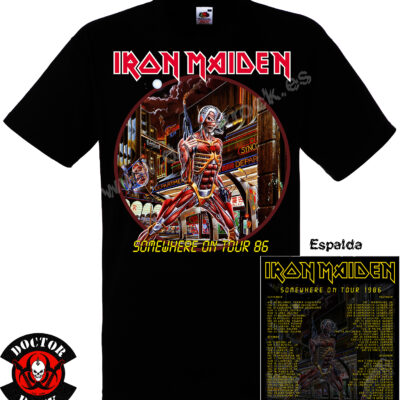 Camiseta negra Iron Maiden Somewhere on Tour 1986 con Eddie cyborg delante y fechas de la gira en la espalda
