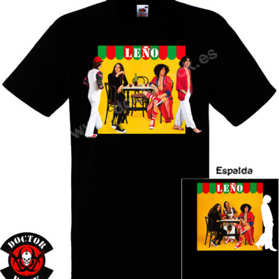 Camiseta negra Leño primer disco 1979 con fotografía de la banda delante y estampado trasero
