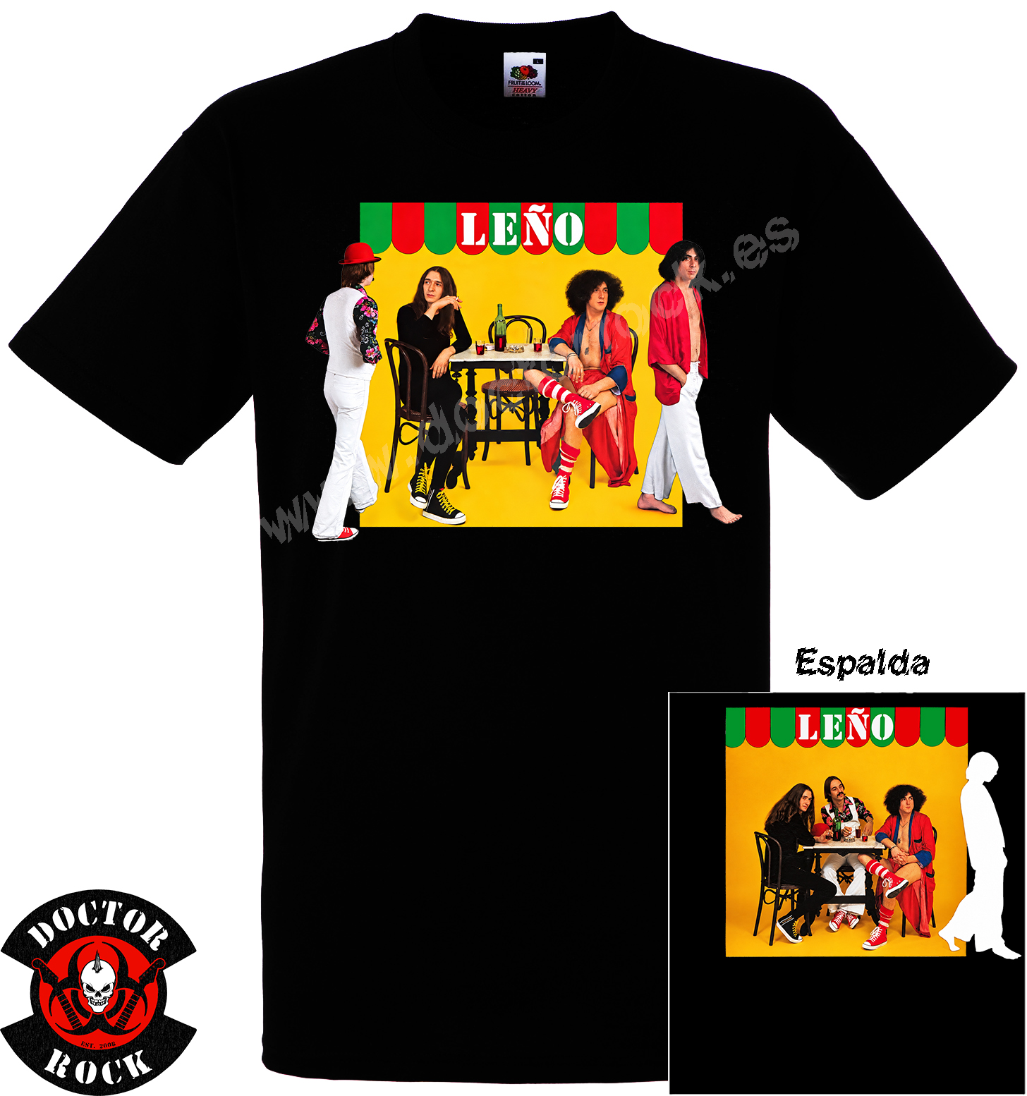 Camiseta negra Leño primer disco 1979 con fotografía de la banda delante y estampado trasero