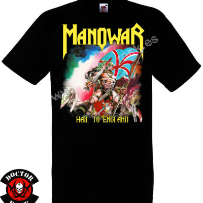Camiseta negra Manowar Hail to England con guerrero, bandera británica y logotipo amarillo