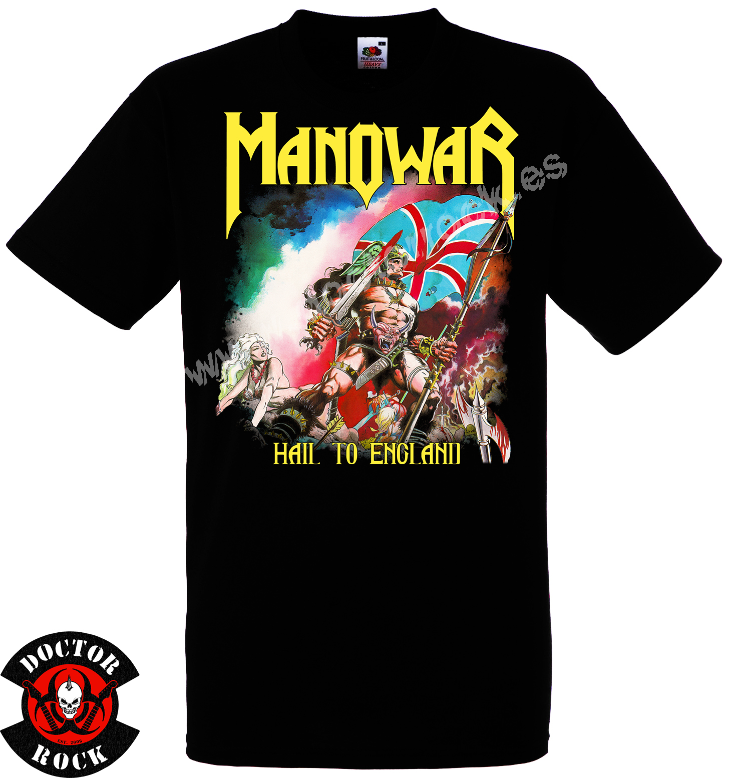 Camiseta negra Manowar Hail to England con guerrero, bandera británica y logotipo amarillo
