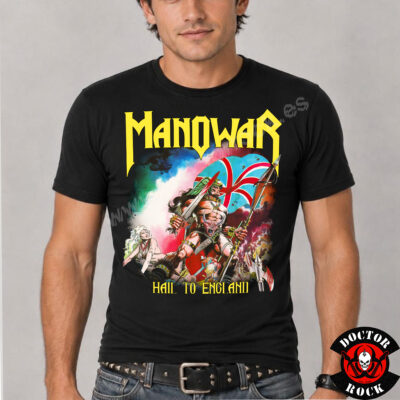 Camiseta negra Manowar Hail to England con guerrero, bandera británica y logotipo amarillo