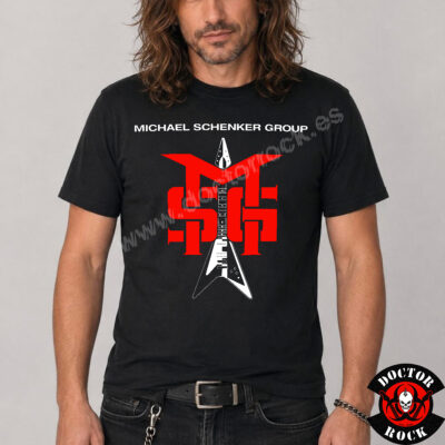 Camiseta negra Michael Schenker Group MSG con logotipo rojo y guitarra Flying V