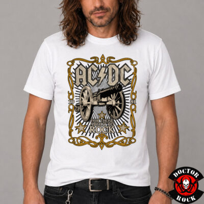 Modelo con camiseta AC/DC For Those About to Rock blanca y estampación frontal