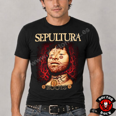 Modelo con camiseta Sepultura Roots negra y estampación frontal del disco