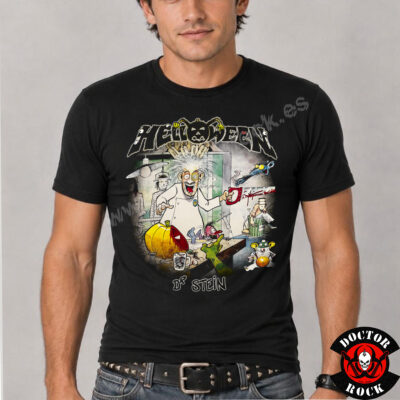 Modelo con camiseta Helloween Dr. Stein negra y estampación frontal de power metal