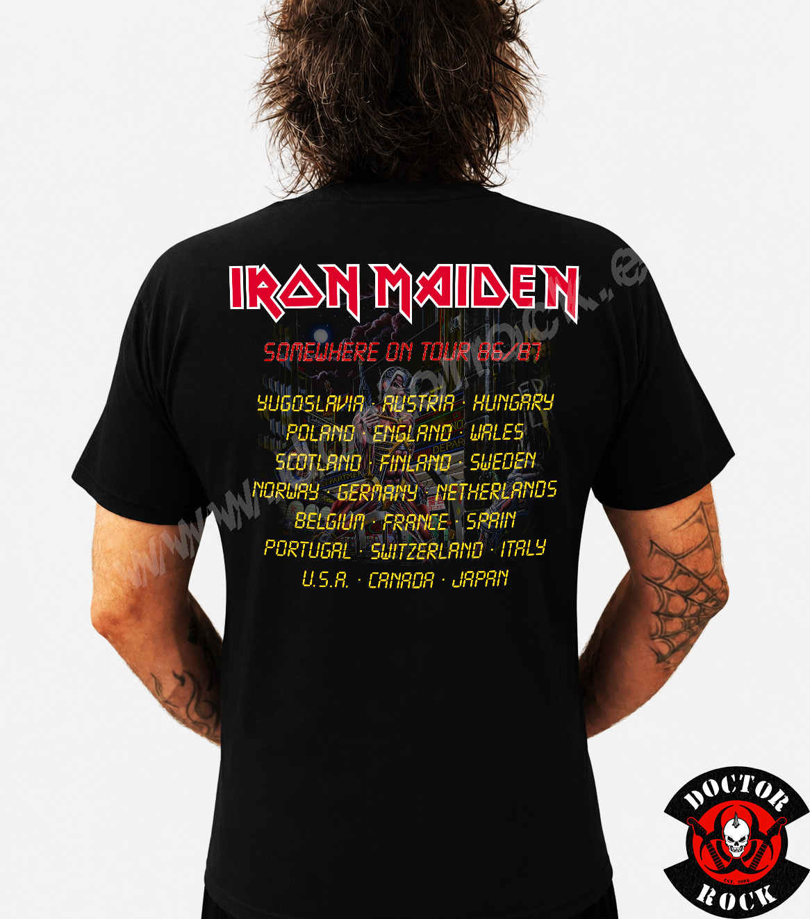 Espalda de camiseta Iron Maiden Somewhere on Tour 86 87 con países de la gira