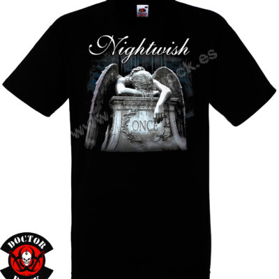 Camiseta negra Nightwish Once con ángel caído sobre una tumba y logotipo blanco