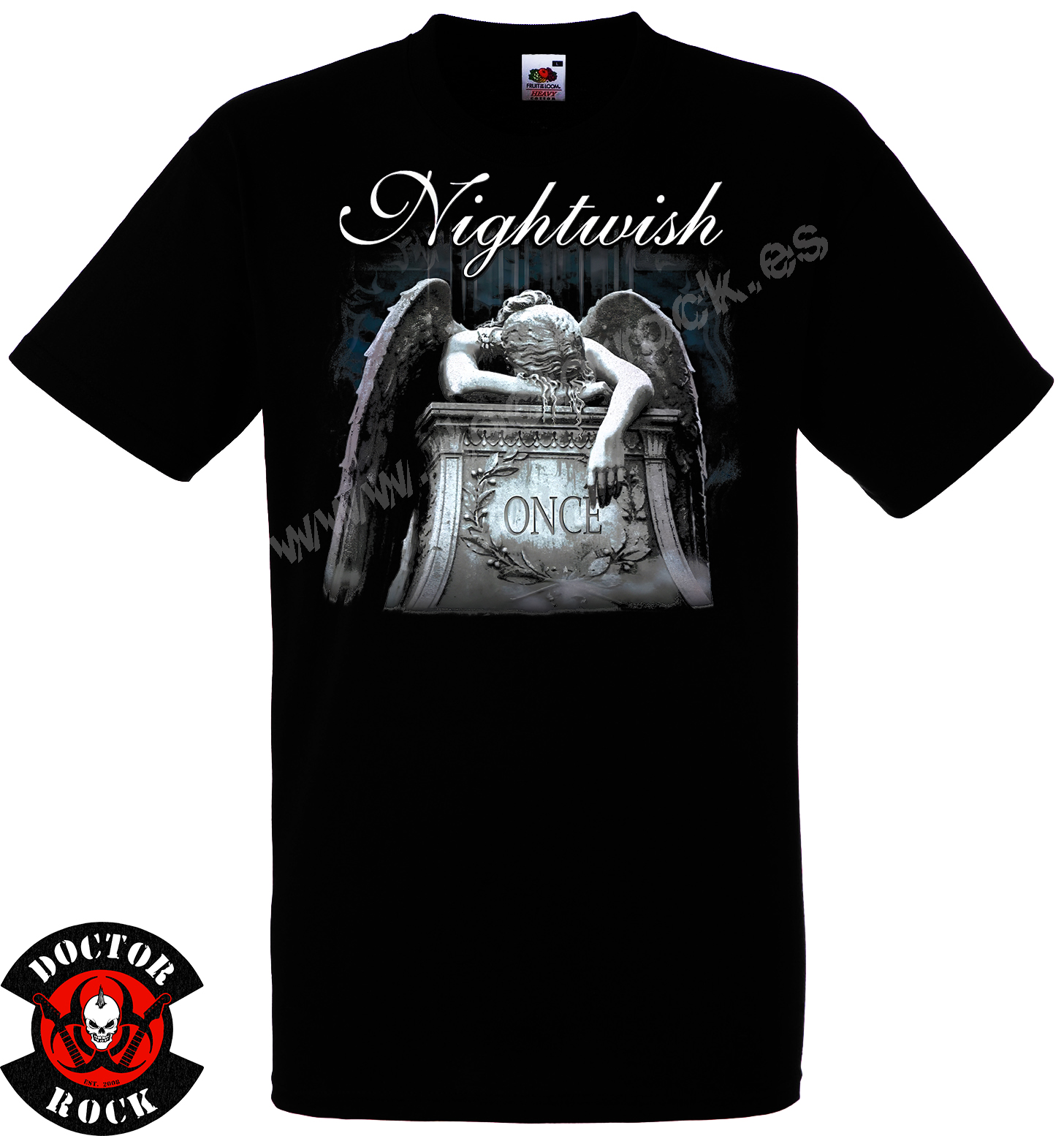 Camiseta negra Nightwish Once con ángel caído sobre una tumba y logotipo blanco