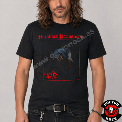 Camiseta negra Parálisis Permanente El Acto con diseño rojo e impresión frontal