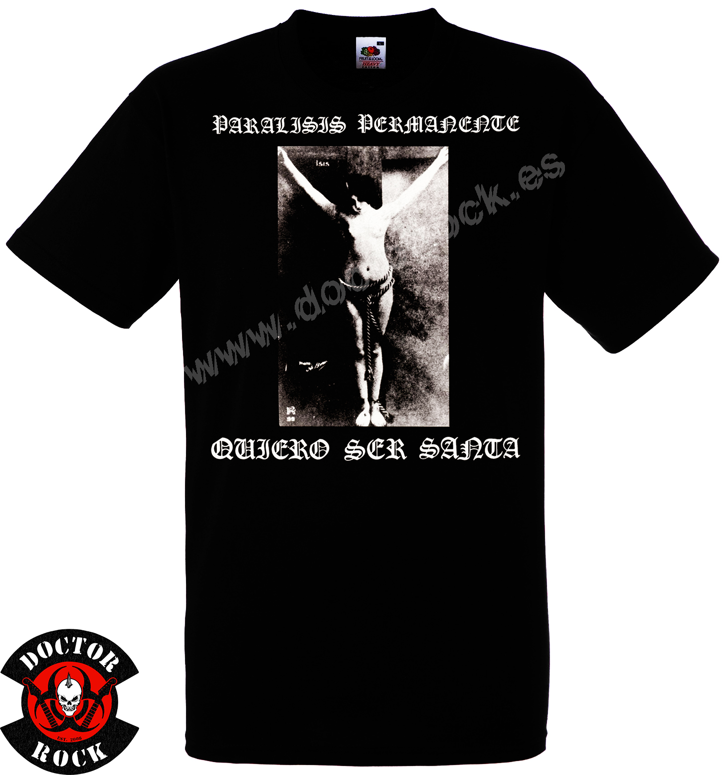 Camiseta negra Parálisis Permanente Quiero Ser Santa con diseño frontal en blanco y negro