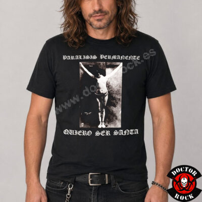 Camiseta negra Parálisis Permanente Quiero Ser Santa con diseño frontal en blanco y negro